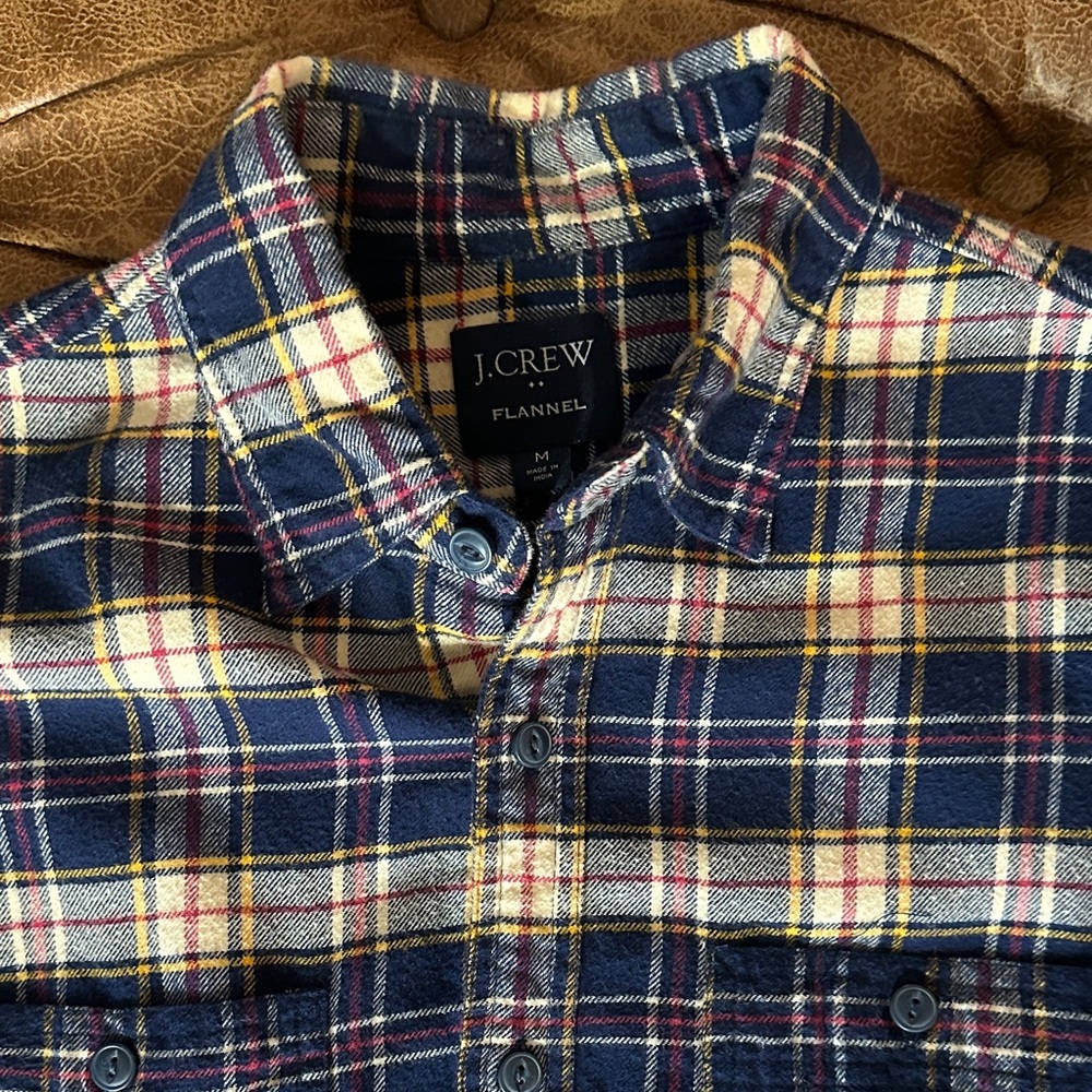 J. Crew Men's Navy and Yellow Plaid Flannel Shirt